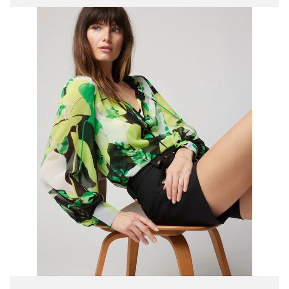 WHBM Chiffon Blouse Camisole Set Small Womens Green Black Sheer Garden Floral